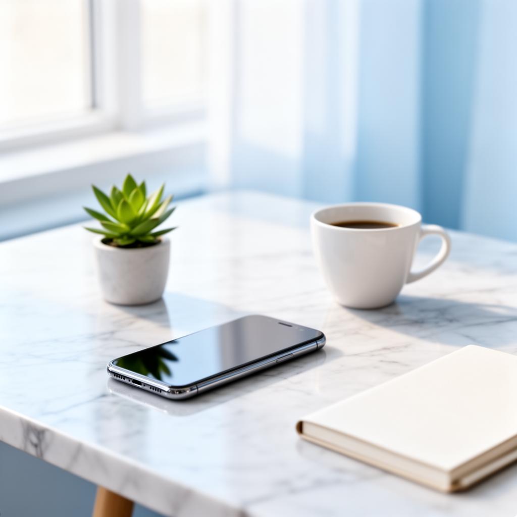 Smartphone, Pflanze und Notizbuch auf einem hellen Marmortisch